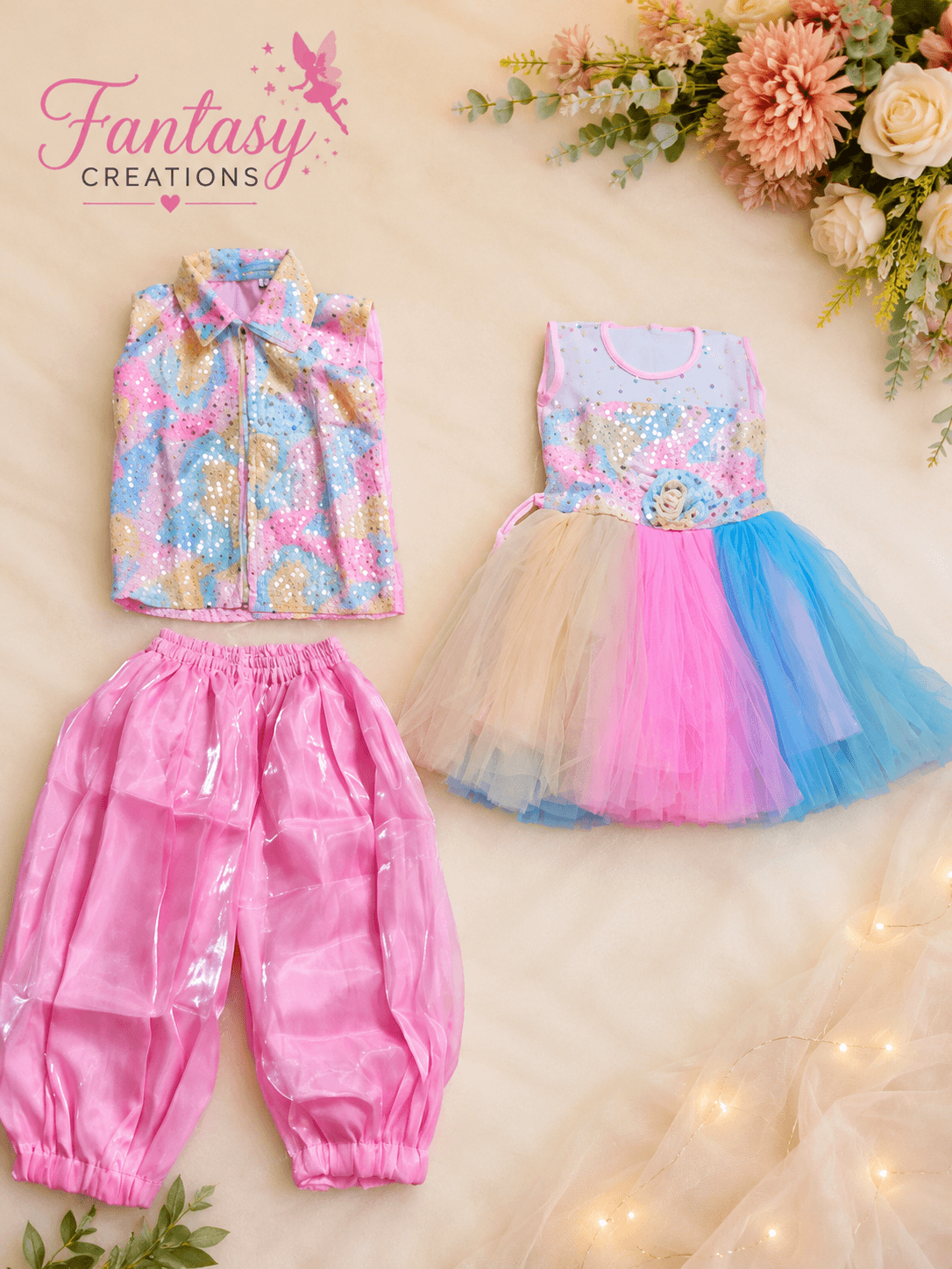 Pink top and pant , siquin skirt annd top