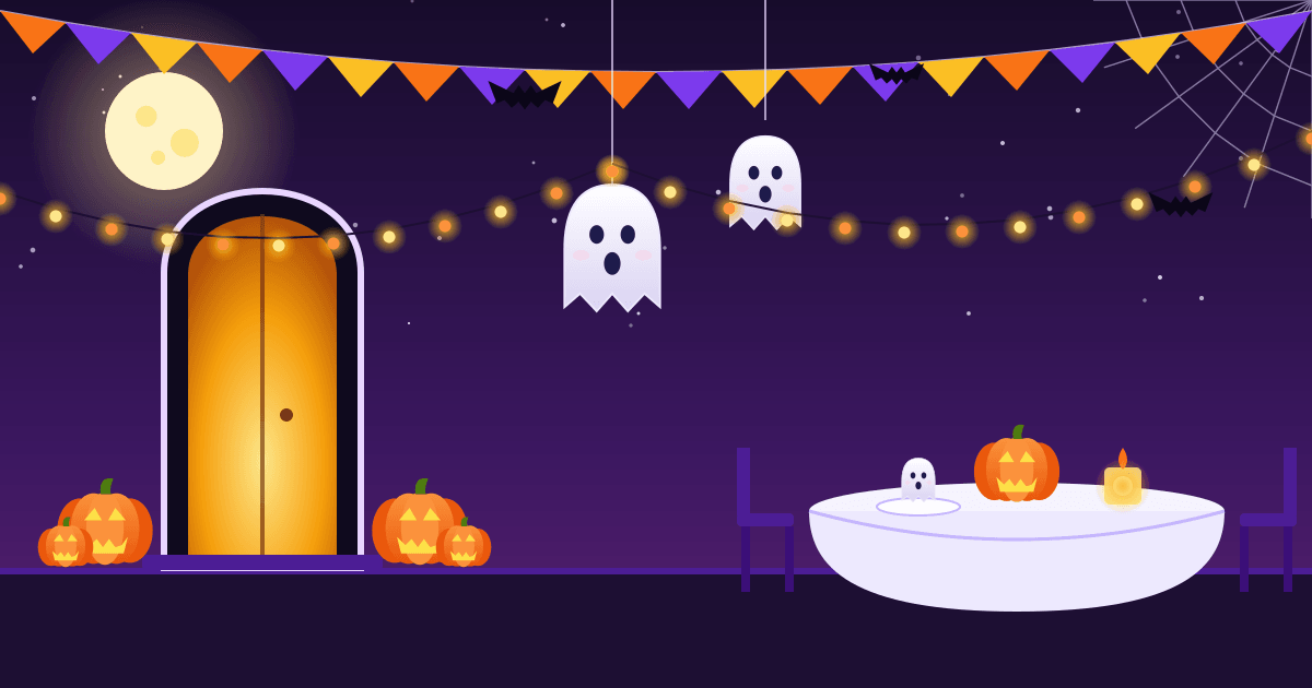 Illustration of a Halloween-themed venue with a glowing doorway flanked by jack-o'-lanterns, hanging ghosts, string lights and a dining table with a pumpkin centrepiece