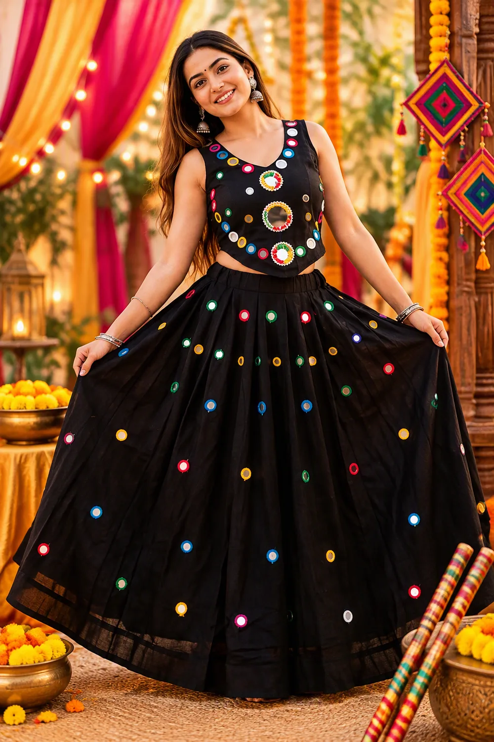 Woman wearing a black chaniya choli with colourful circular details