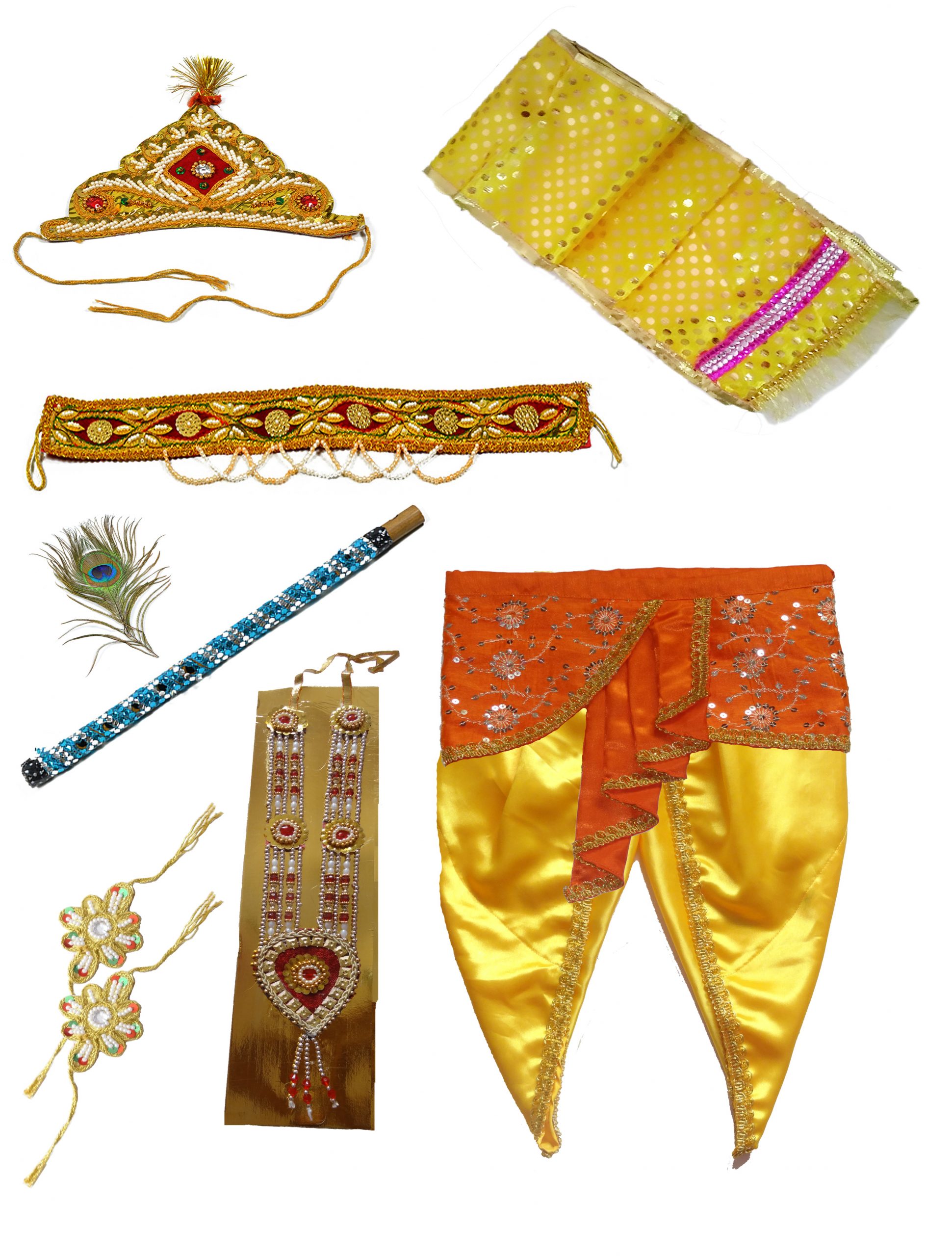 Pakhi Little Krishna Dhoti Dupatta Set - Yellow Set with Orange Fan