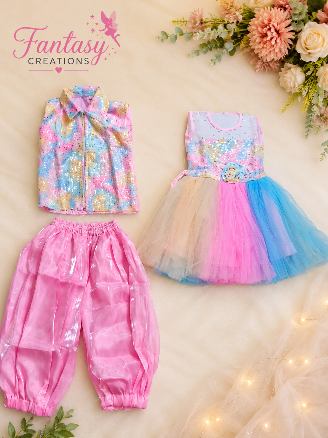 Pink top and pant , siquin skirt annd top